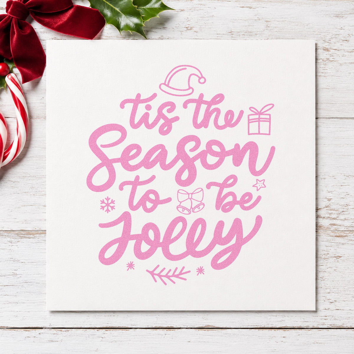 Tis Season To Be Jolly craft stamp in purple ink on cardstock, an easy option for present gift tags.