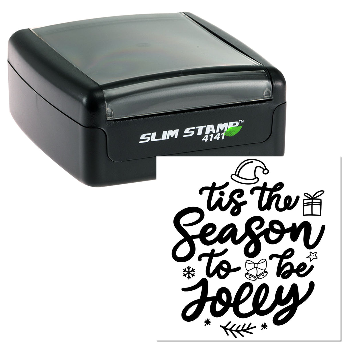 Black Slim Stamp 4141 self-inking stamp with white holiday seal design reading tis the season to be jolly and festive icons.