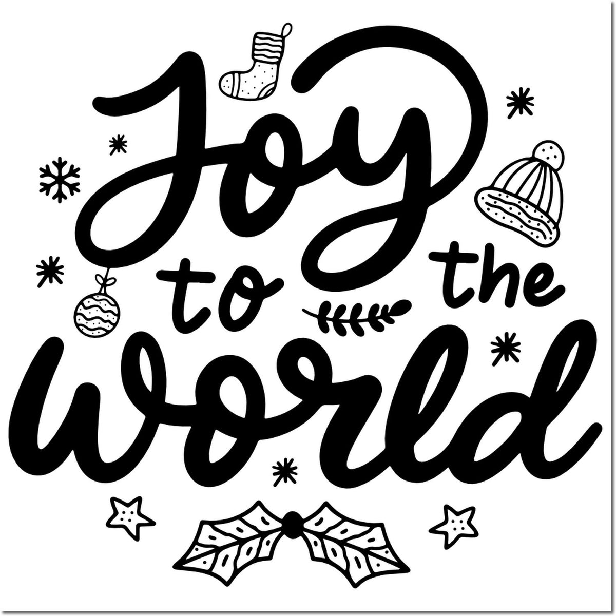 Black holiday stamp and seal design reading Joy to the World with snowflakes, ornaments, hats, and holly.