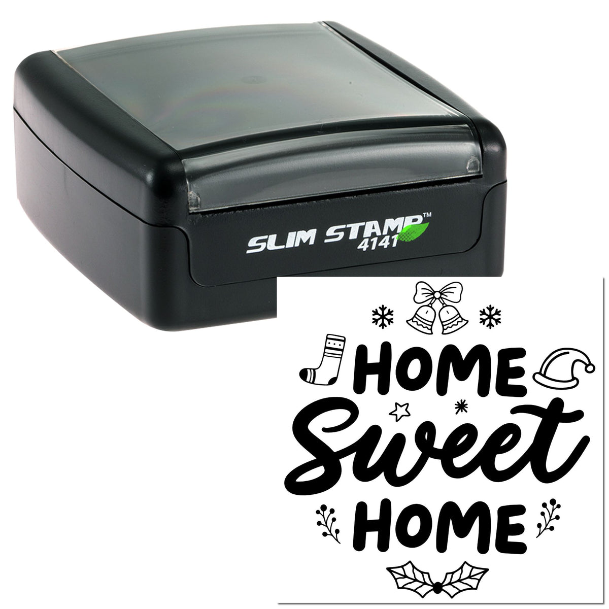 Black self-inking stamp and seal with gray top, printing HOME Sweet HOME with bells, snowflakes, hat, sock, and holly.