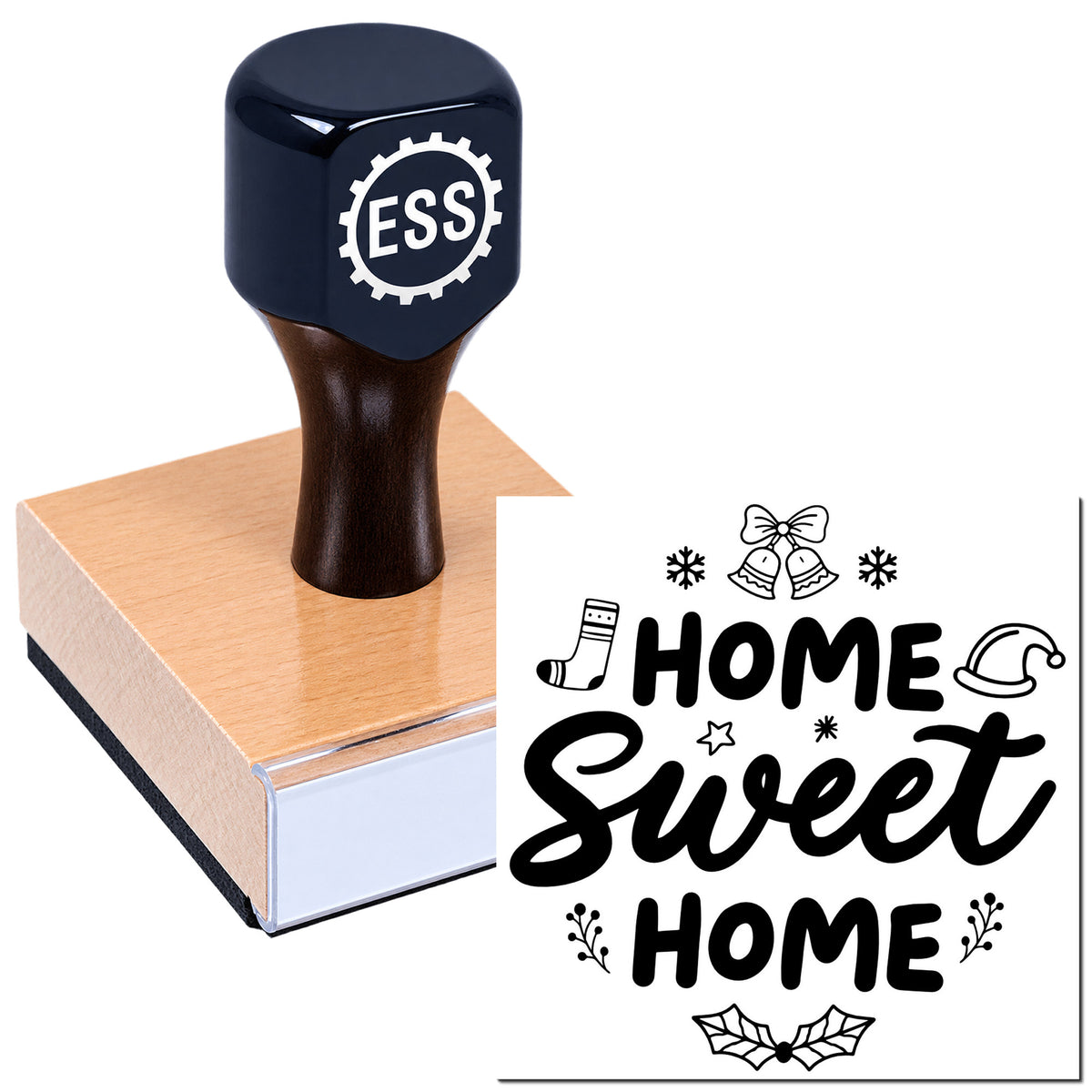 Black ESS rubber stamp on wooden block beside holiday "HOME Sweet HOME" seal with bells, snowflakes, and holly.