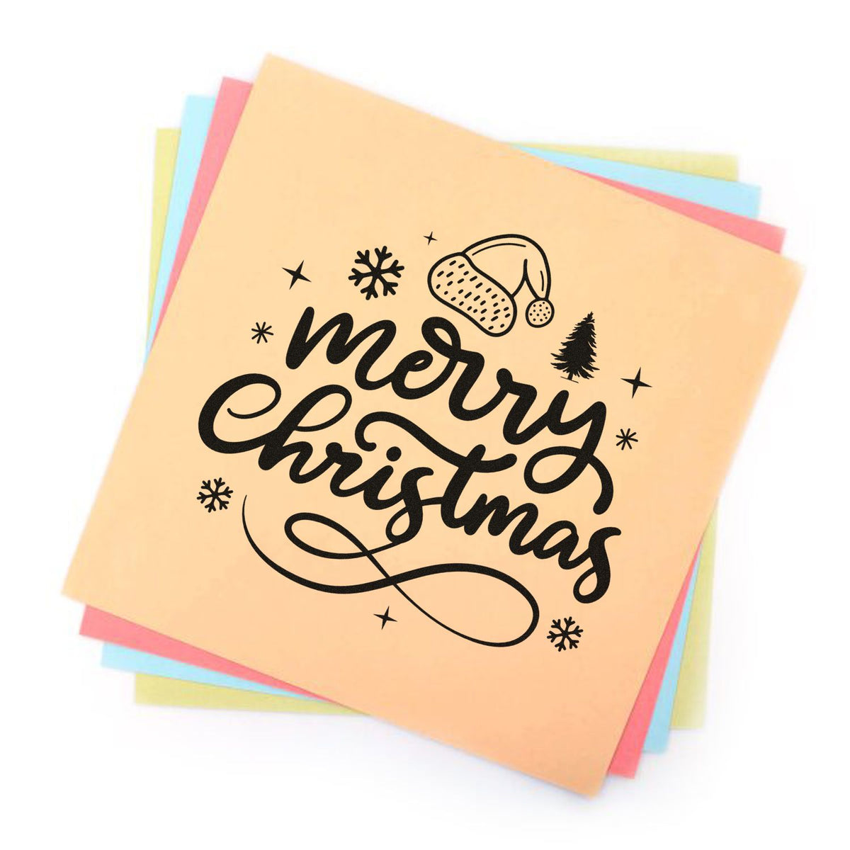 Pastel stamp and seal sheets with black Merry Christmas lettering, Santa hat, snowflakes, and tree design
