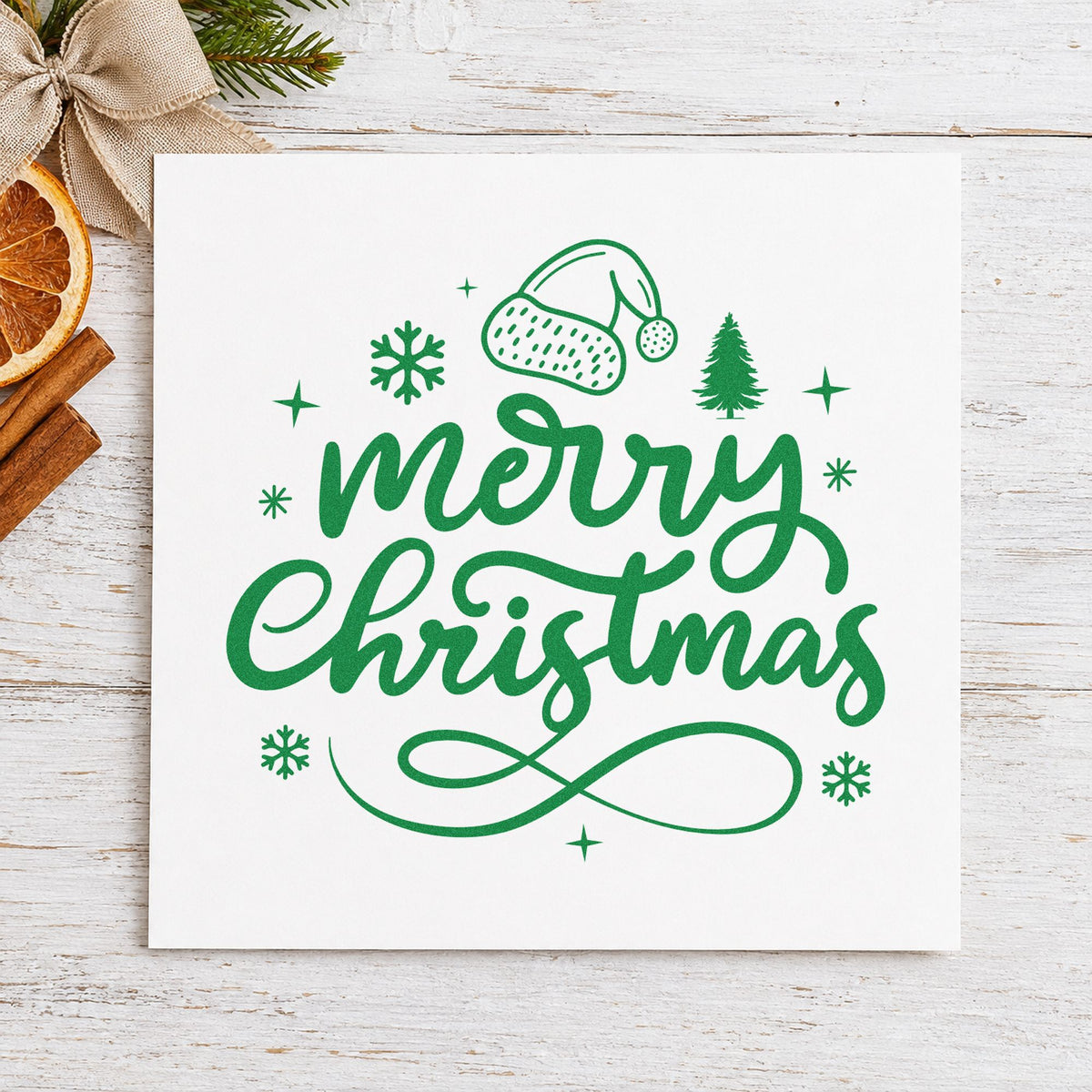 Merry Christmas Hat And Tree craft stamp imprint in green ink on a handmade project, one idea being address list pages.