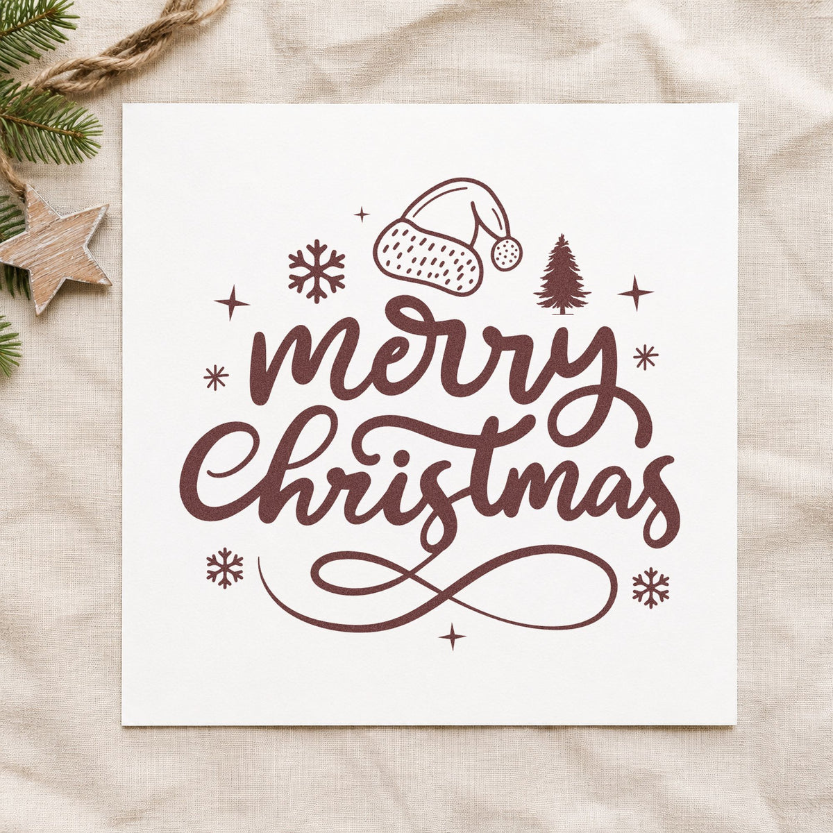 Merry Christmas Hat And Tree rubber stamp printed in brown ink, ready for envelope box labels and similar paper crafts.
