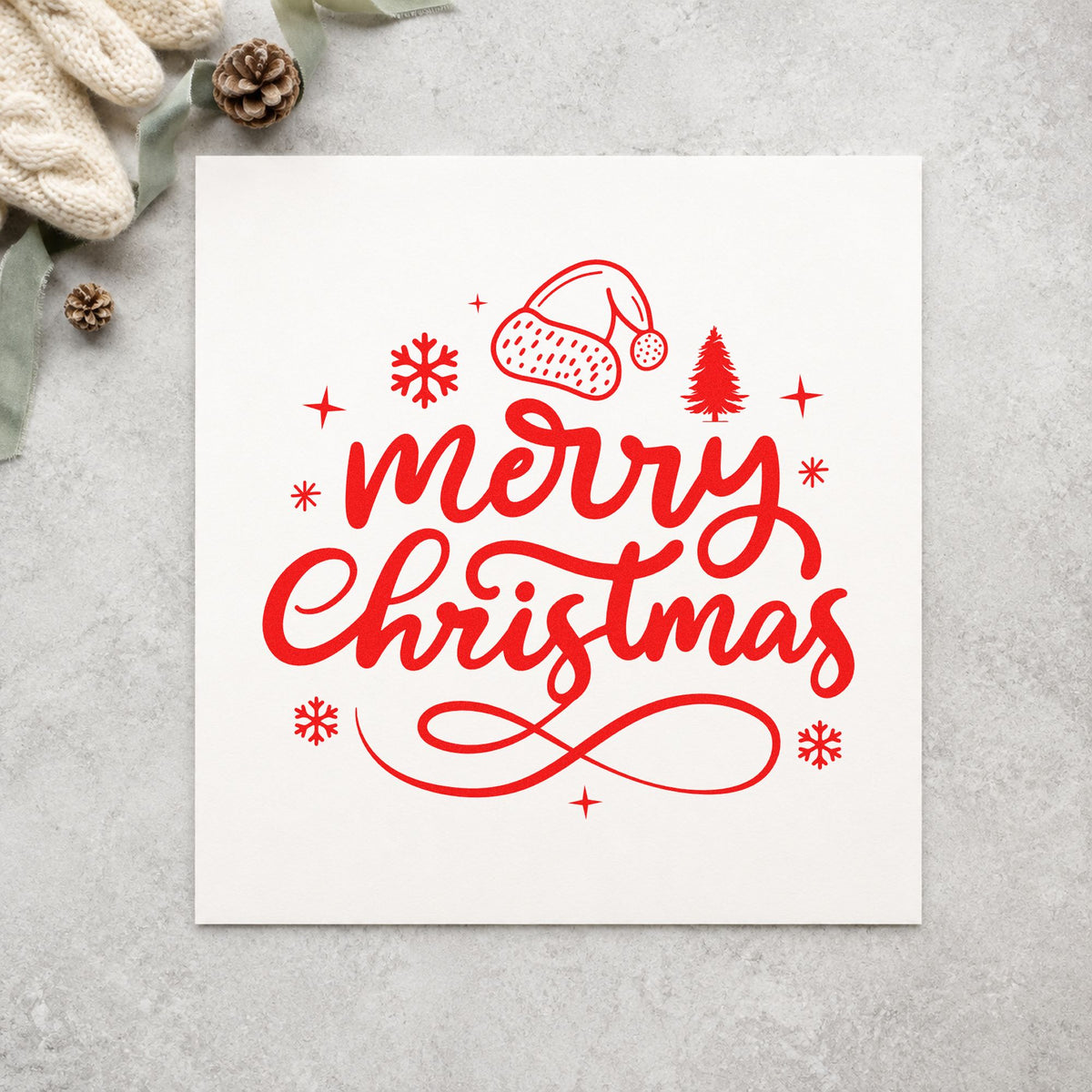 Merry Christmas Hat And Tree craft stamp in red ink on cardstock, an easy option for ribbon trim panels.