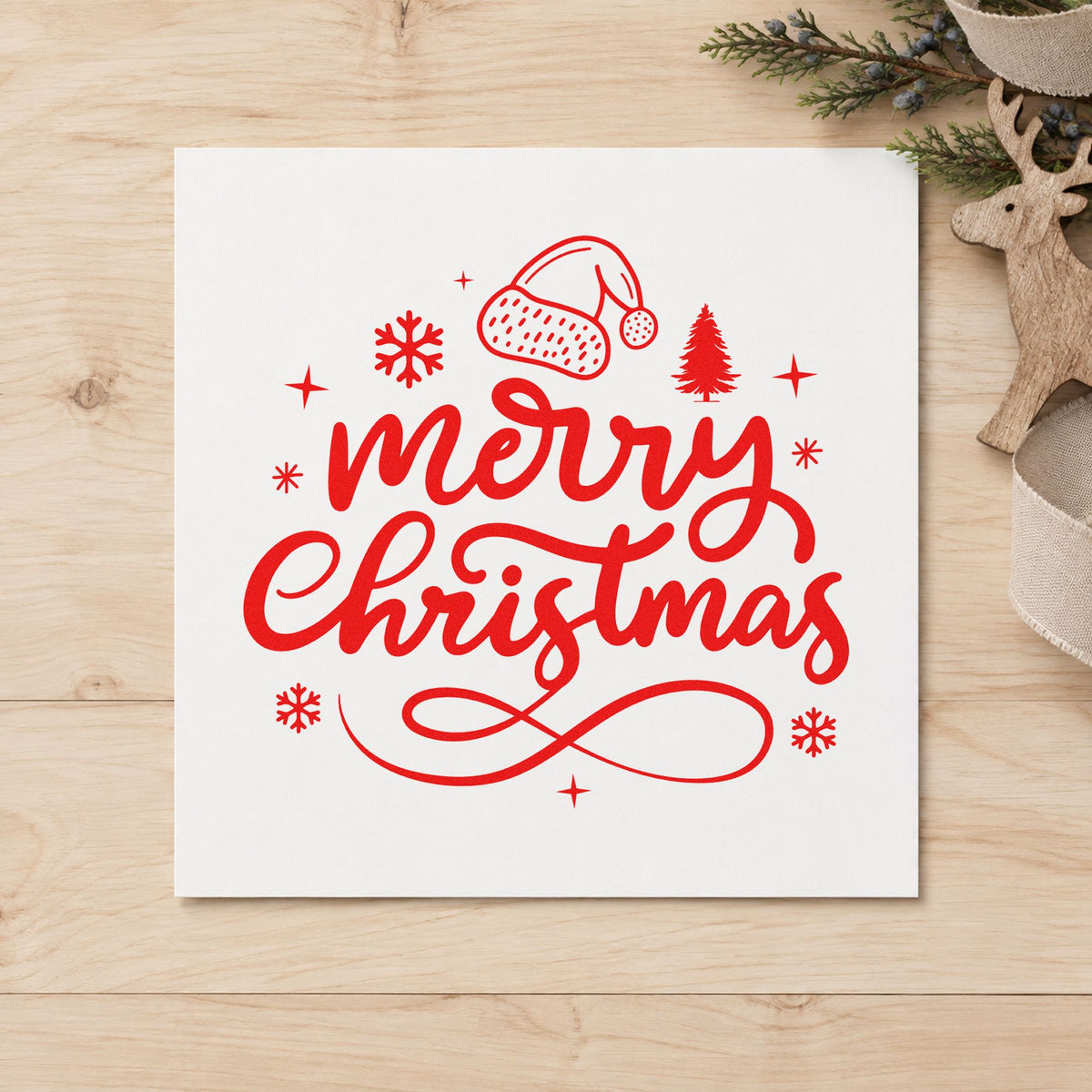 Merry Christmas Hat And Tree rubber stamp shown in red ink, stamped for projects such as posting day notes.