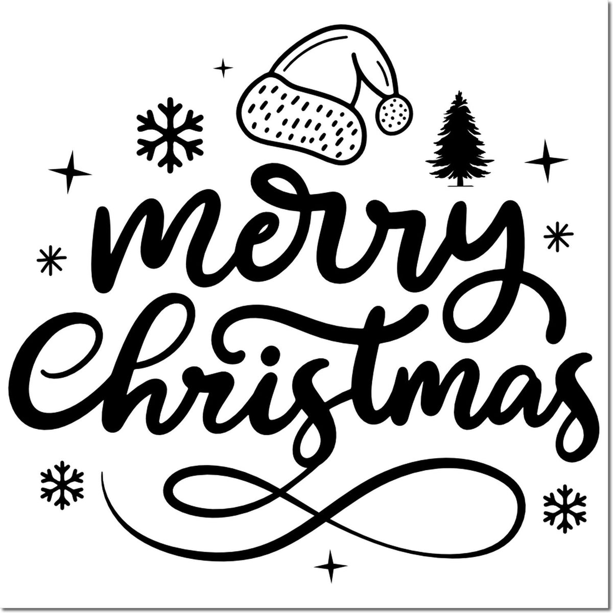Black Merry Christmas stamp with Santa hat, snowflakes, pine tree, stars, and flowing infinity flourish on white.