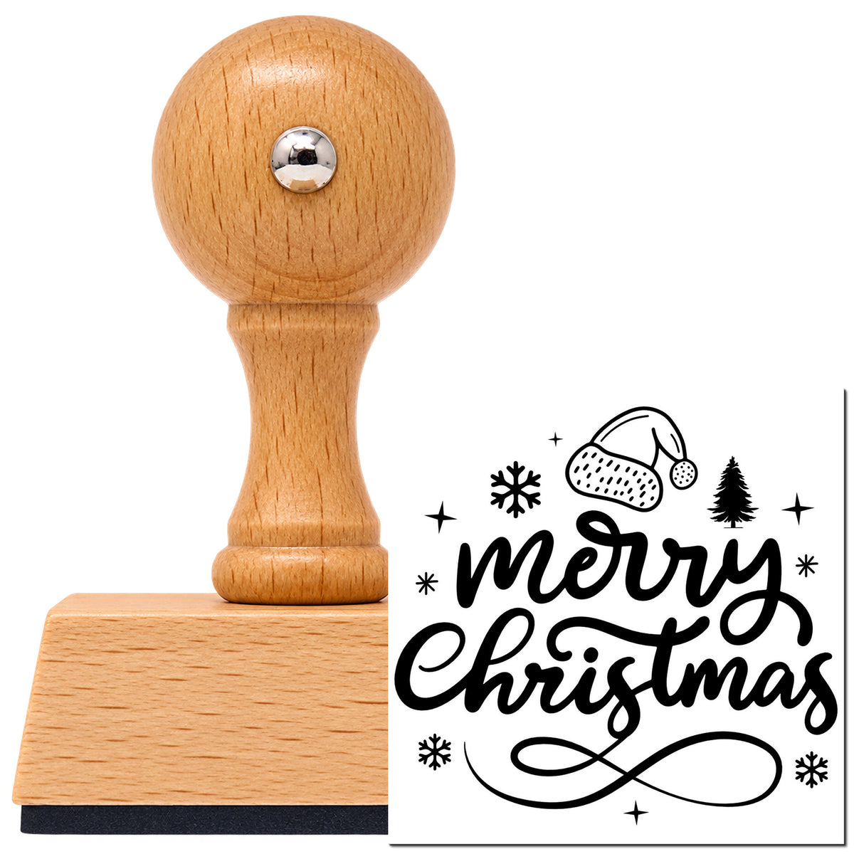 Vintage Pro beech wood stamp with a round knob handle, shown with its black Merry Christmas Hat And Tree Snowflakes imprint on white.