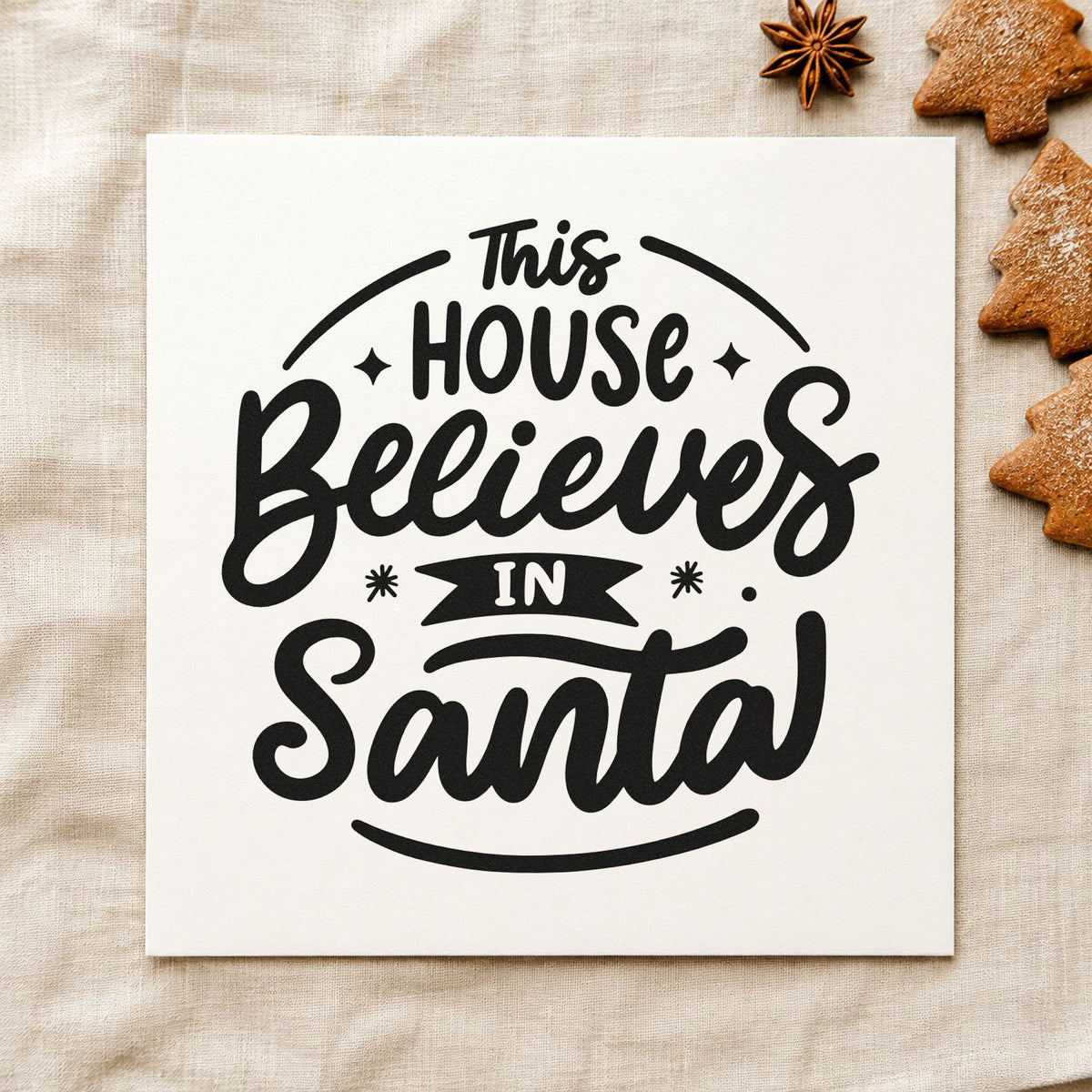 This House Believes In Santa rubber stamp printed in black ink, ready for curved lines cards and similar paper crafts.