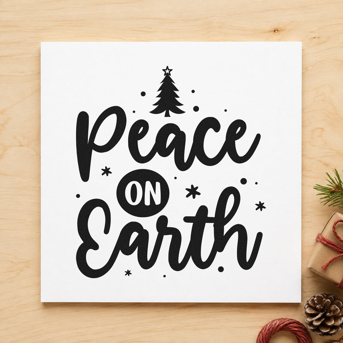 Peace On Earth Tree rubber stamp printed in black ink, ready for small tree cards and similar paper crafts.