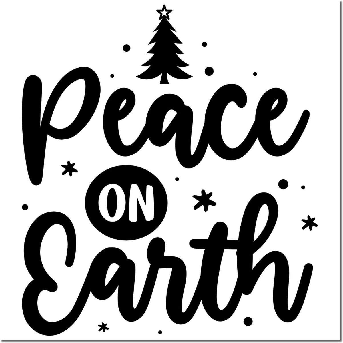 Black Peace on Earth holiday stamp/seal design with Christmas tree, stars, and dots.