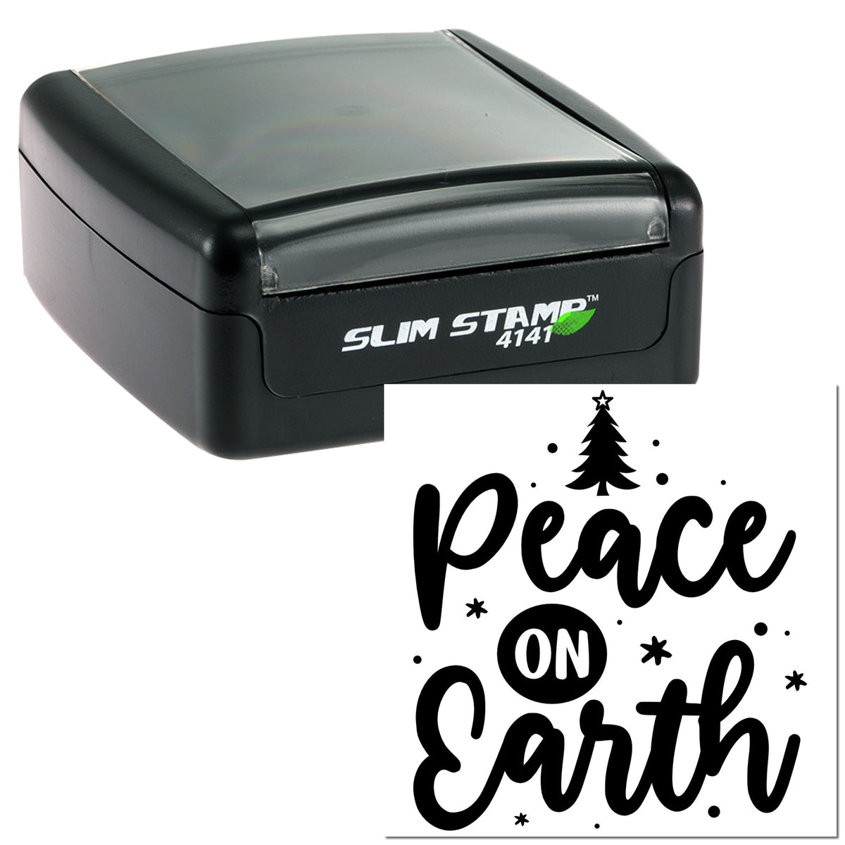 Black Slim Stamp self-inking seal with black Peace on Earth design, Christmas tree, and decorative dots on white background.