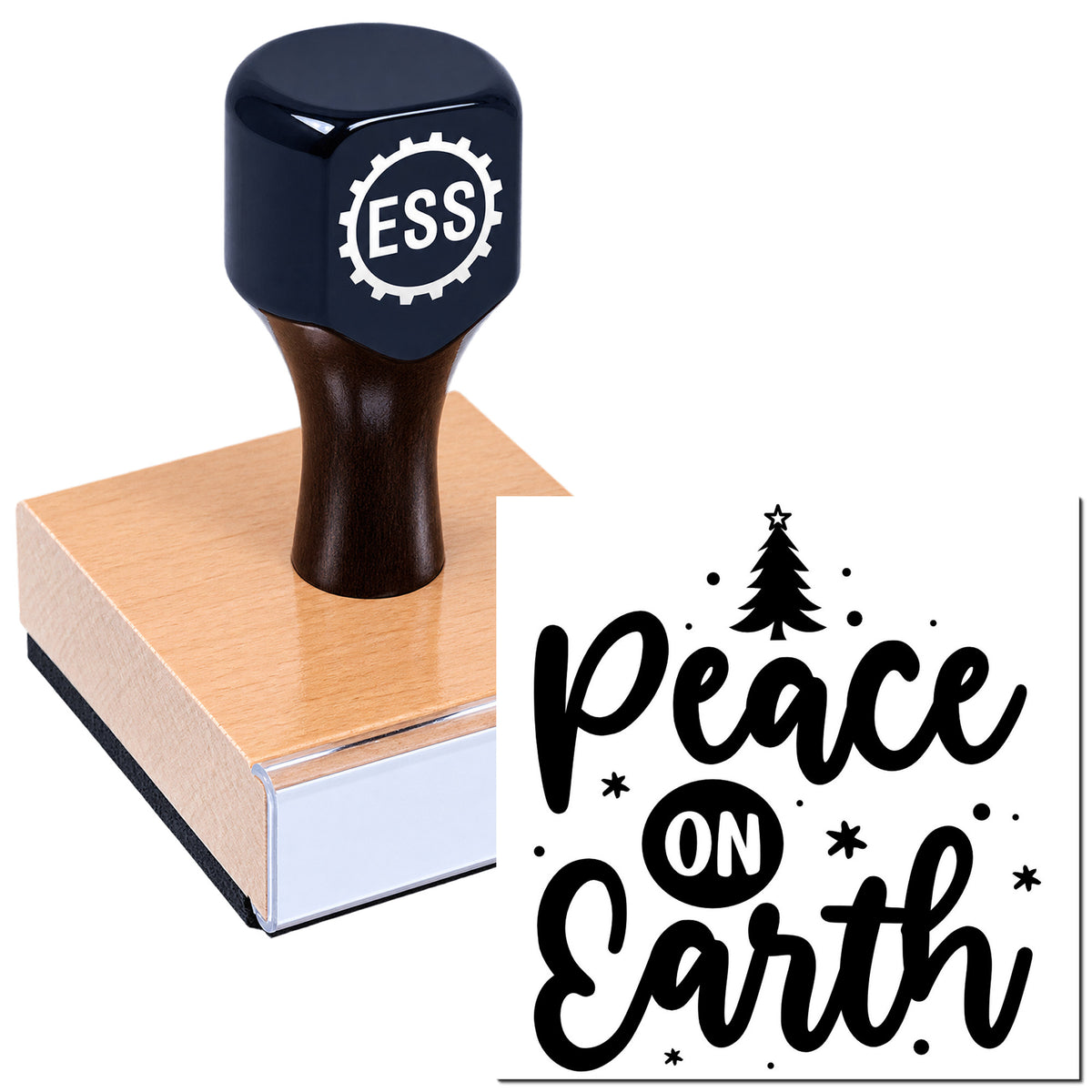 Dark blue ESS stamp on pink wooden base beside black "Peace on Earth" seal design