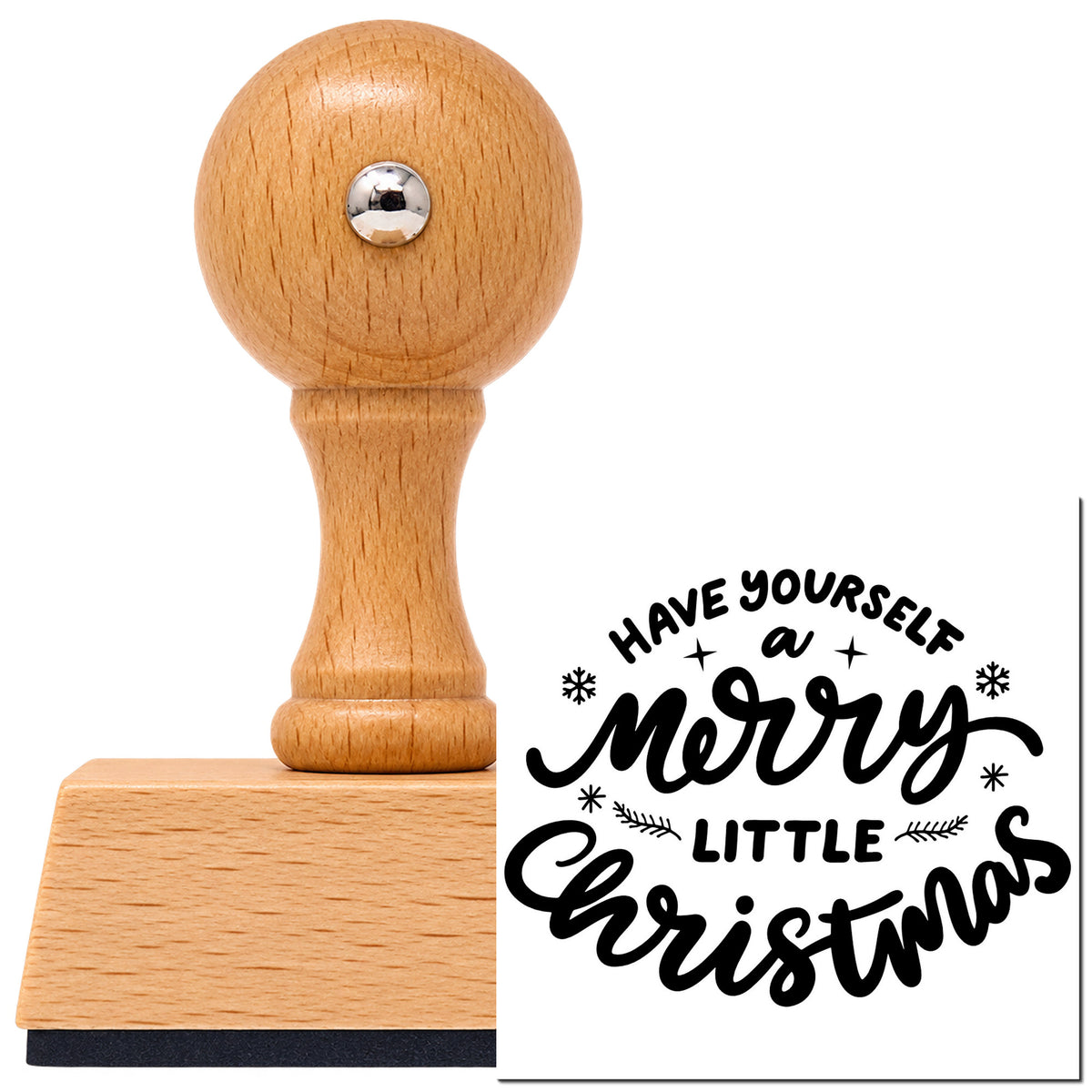 Vintage Pro beech wood stamp with a round knob handle, shown with its black Have Yourself A Merry Little Christmas imprint on white.