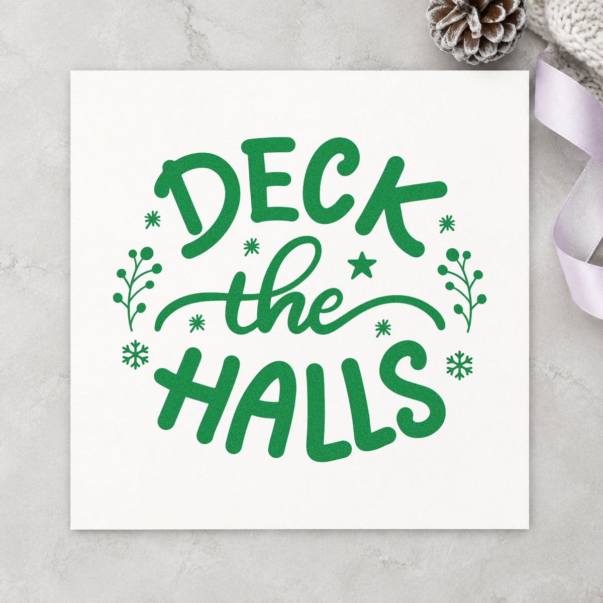 Deck The Halls Sprigs craft stamp imprint in green ink on a handmade project, one idea being layout plan pages.