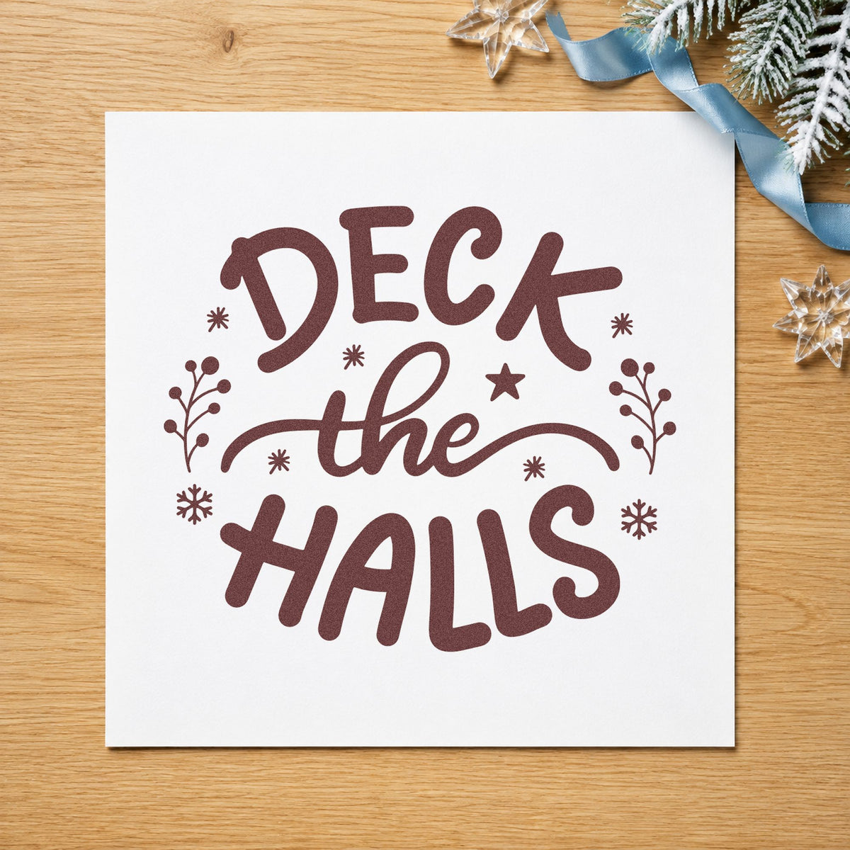 Deck The Halls Sprigs rubber stamp printed in brown ink, ready for bauble crate labels and similar paper crafts.
