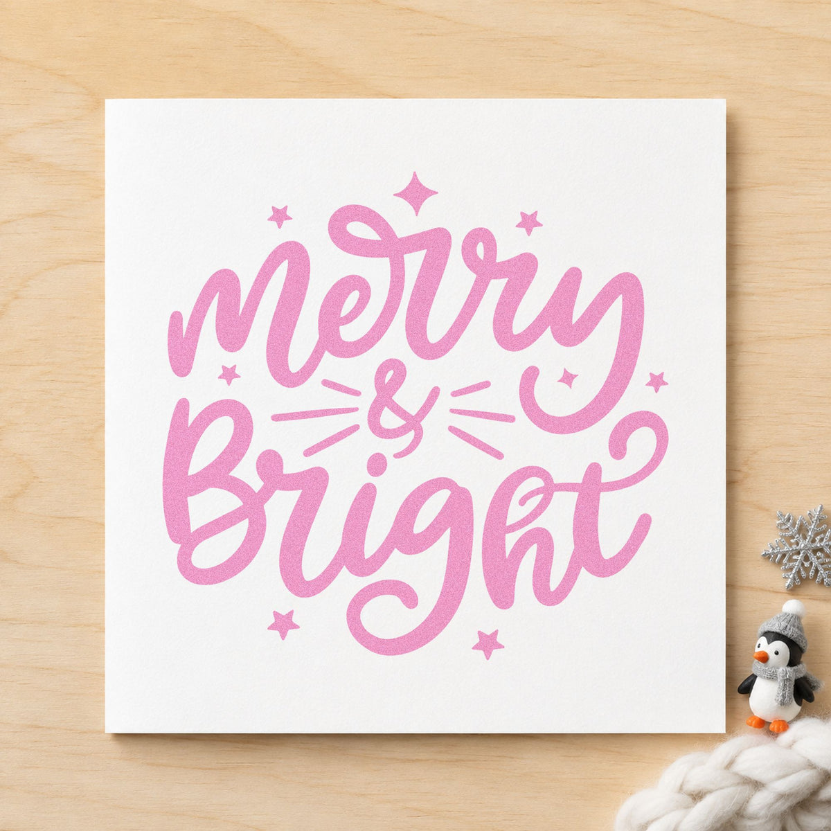 Merry And Bright Stars craft stamp in purple ink on cardstock, an easy option for light switch tags.
