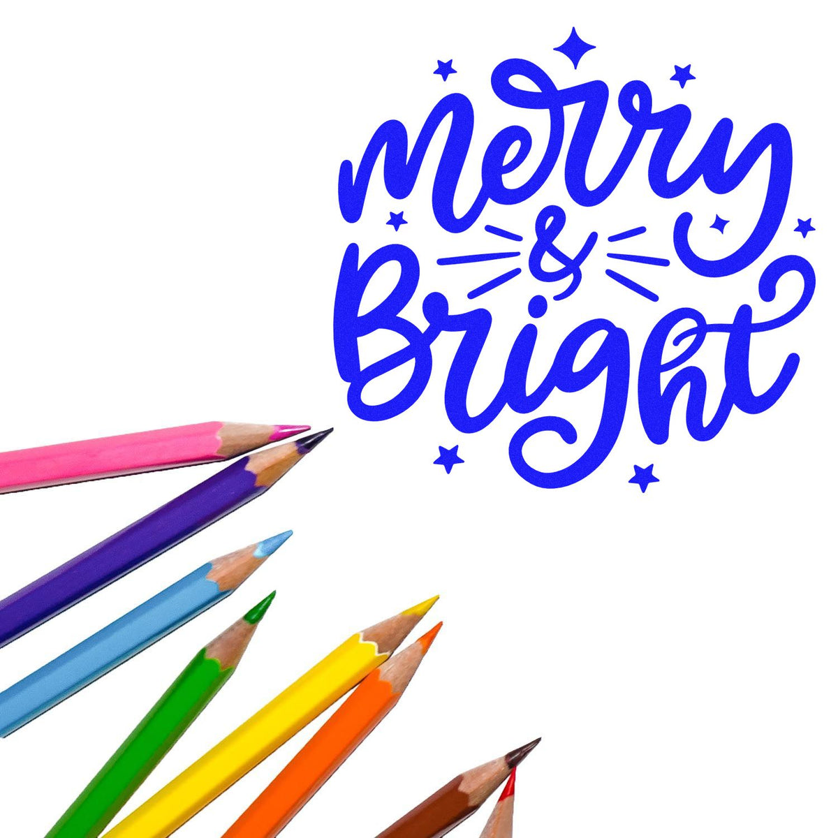 Blue Merry & Bright stamp design with colorful pencils in pink, purple, blue, green, yellow, orange and brown.