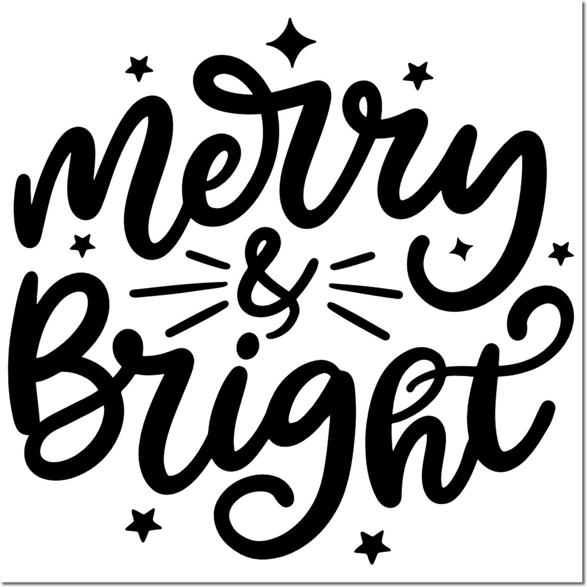 Black Merry & Bright holiday stamp seal with stars on white background.