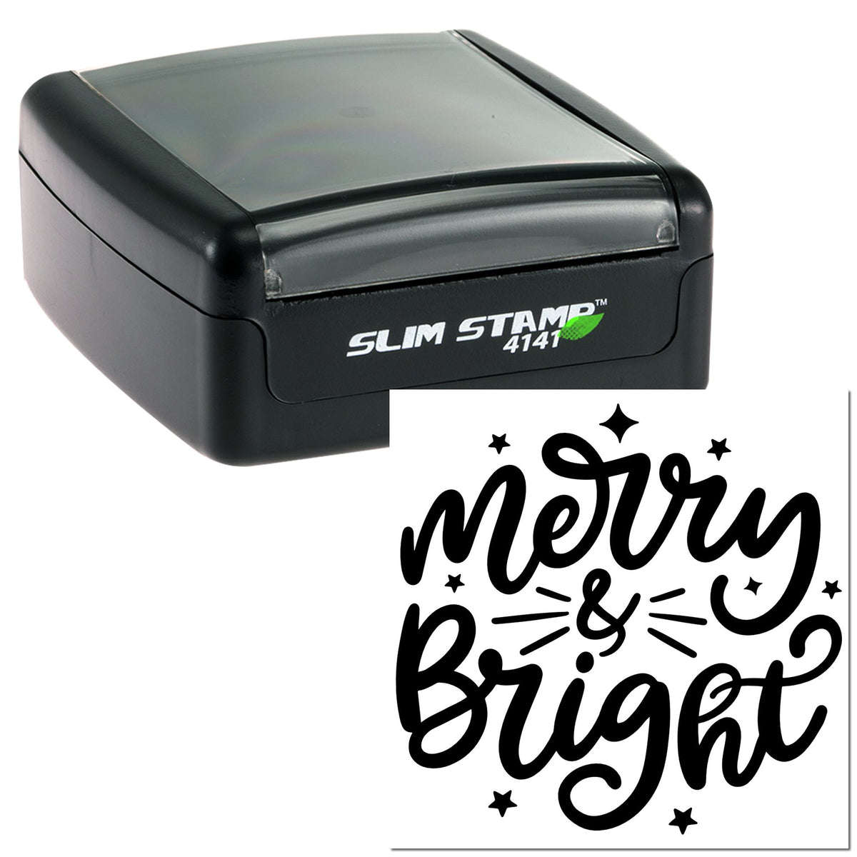 Black Slim Stamp 4141 self-inking stamp with translucent gray cover and Merry & Bright seal impression.