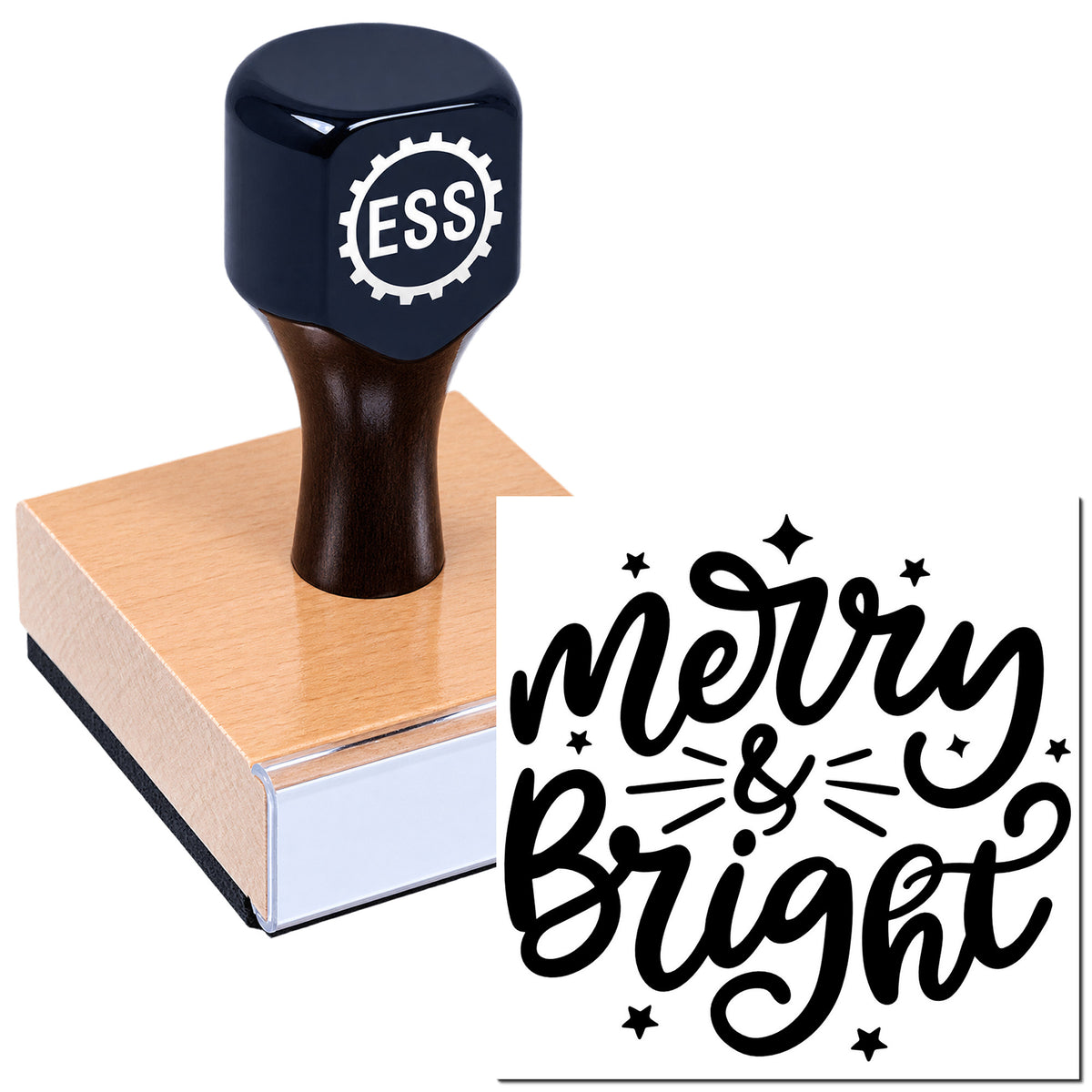 Dark navy ESS stamp on a pink wooden block with a black Merry & Bright seal design.