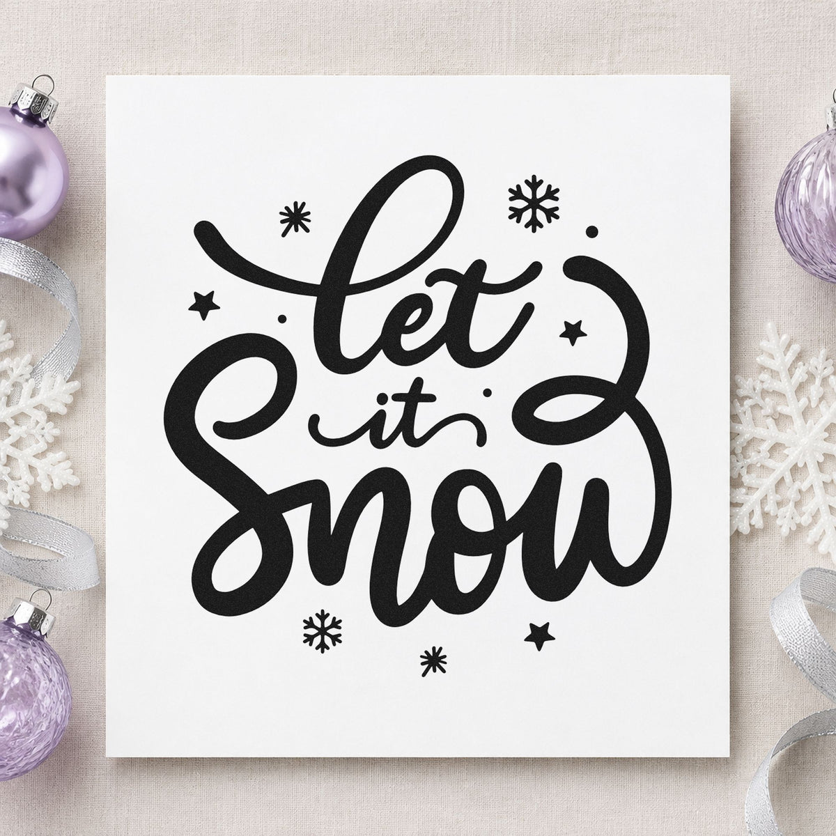 Let It Snow Script rubber stamp printed in black ink, ready for large looping cards and similar paper crafts.