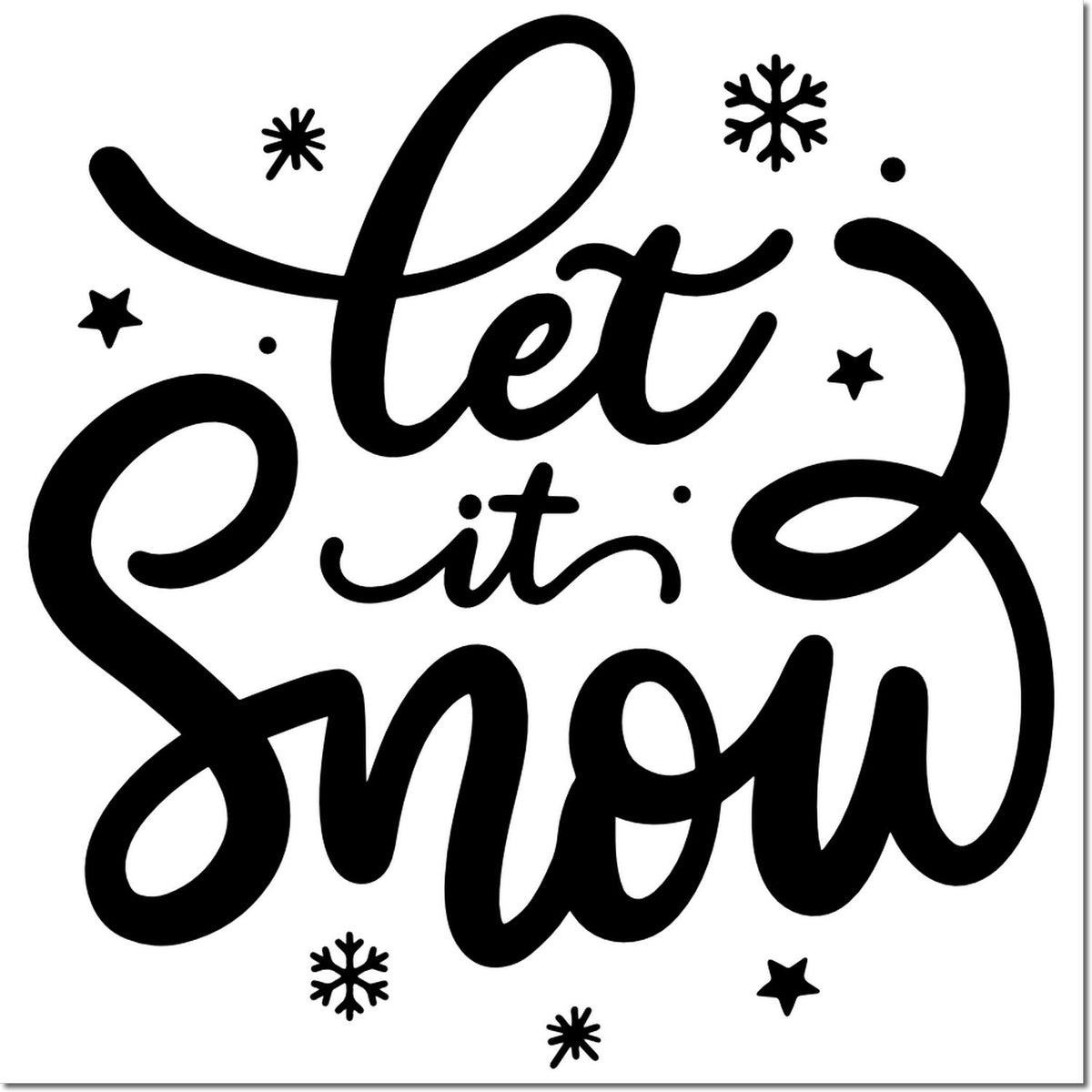 Black Let It Snow stamp and seal design with snowflakes on a white background.