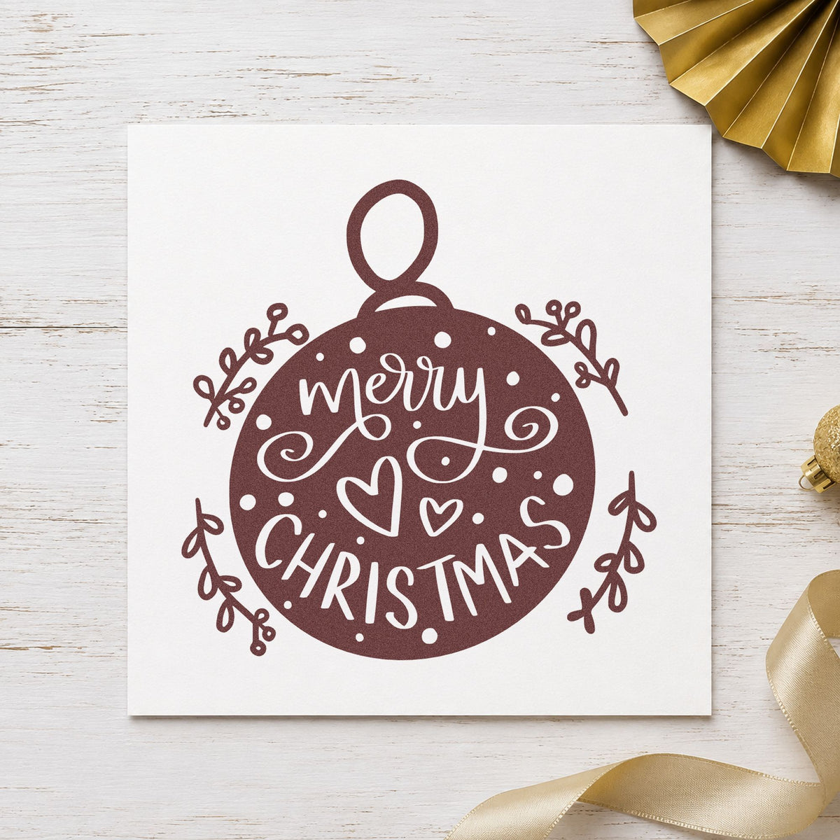 Merry Christmas Round Ornament rubber stamp printed in brown ink, ready for bauble box labels and similar paper crafts.