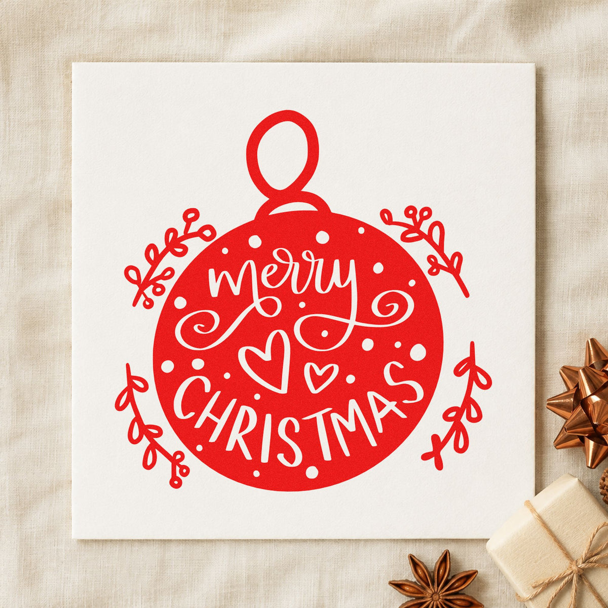 Merry Christmas Round Ornament craft stamp in red ink on cardstock, an easy option for felt round panels.