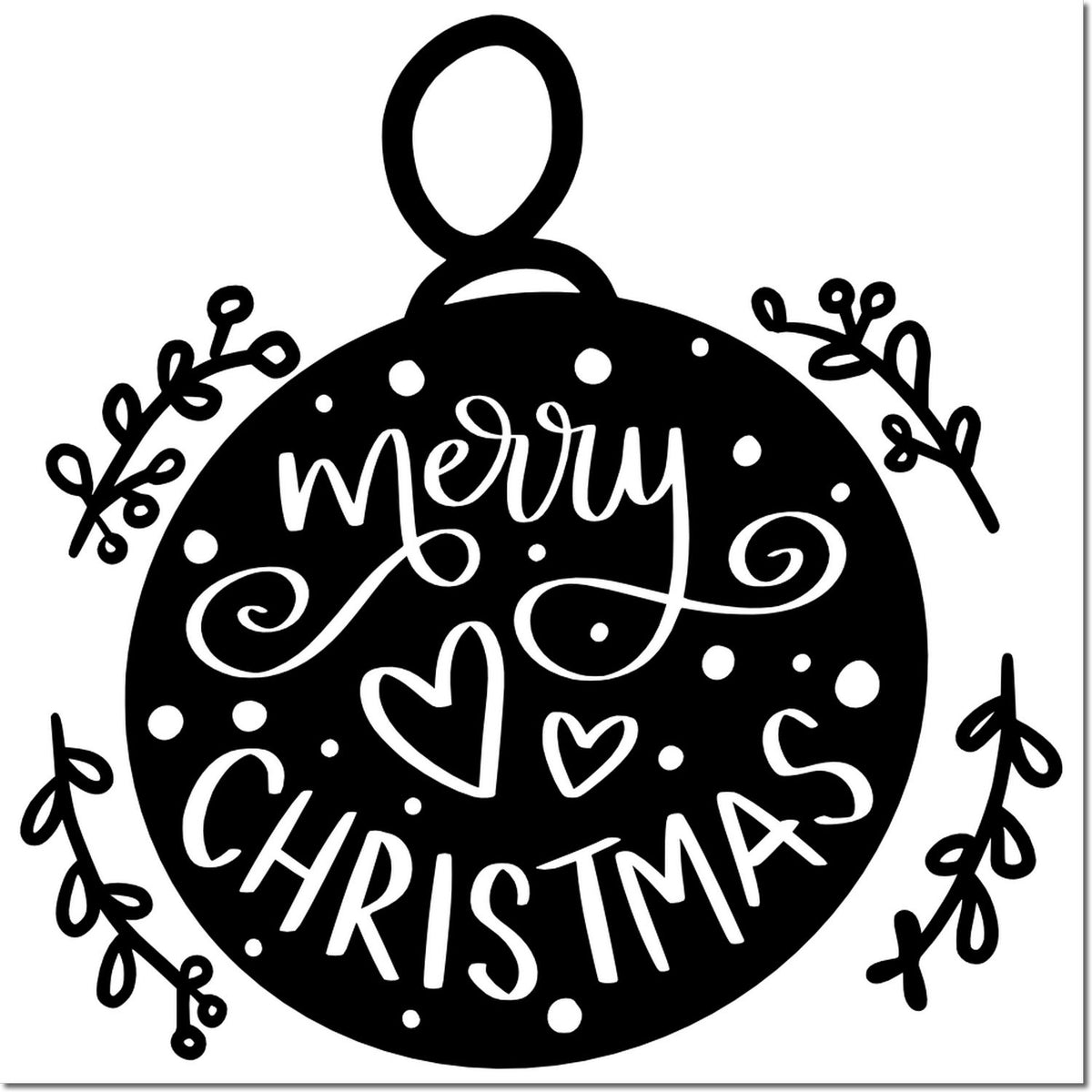 Black Merry Christmas ornament stamp and seal design with hearts, dots, and leafy branches on white background.