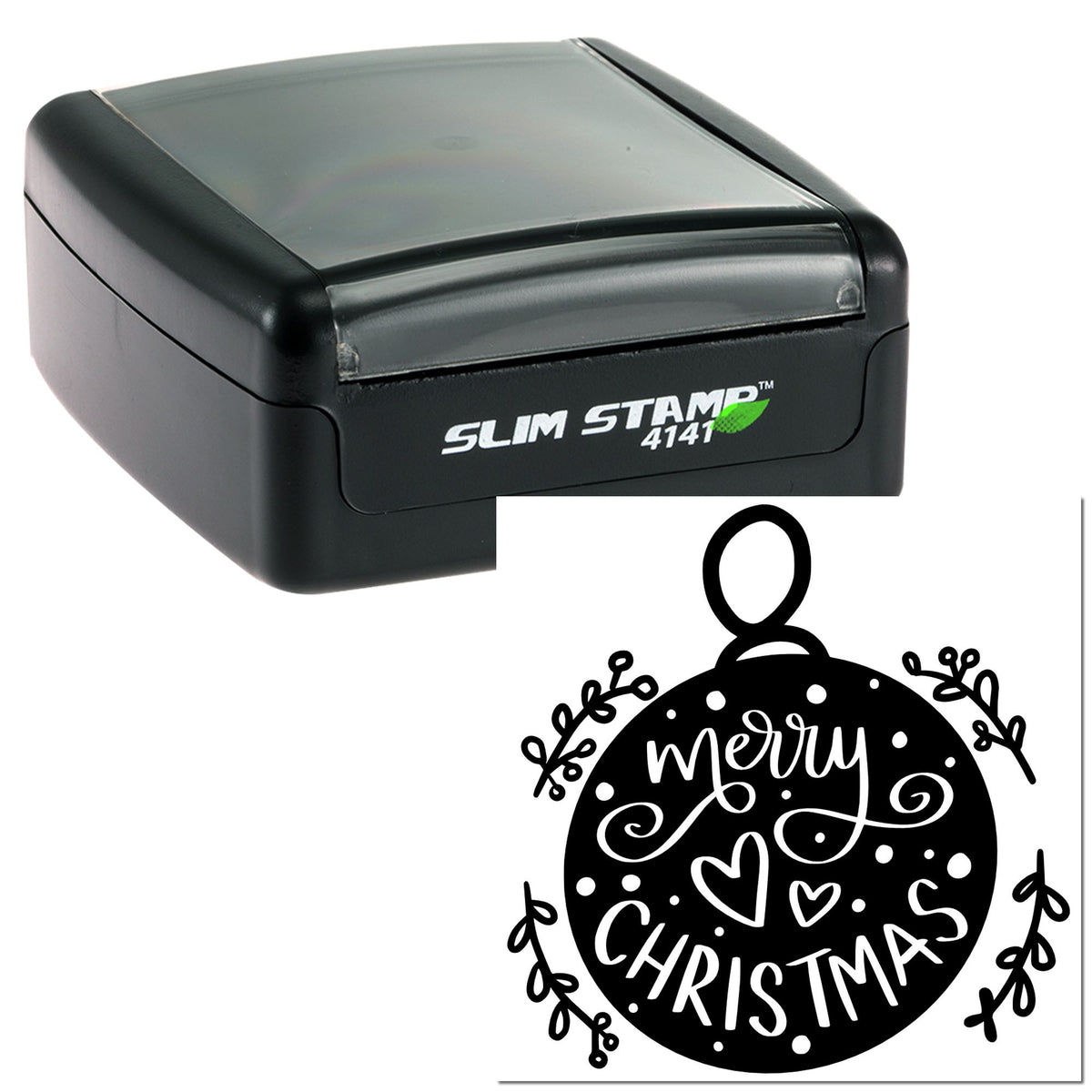 Black Slim Stamp 4141 self-inking stamp with festive black Merry Christmas ornament seal design