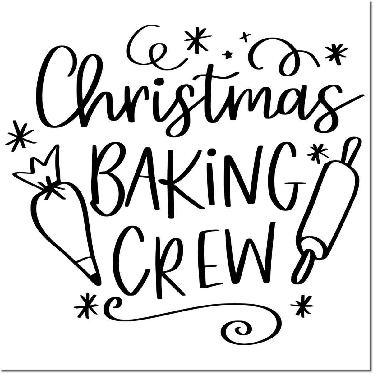 Black Christmas Baking Crew stamp/seal with script text, whisk, rolling pin, and star accents on white background.