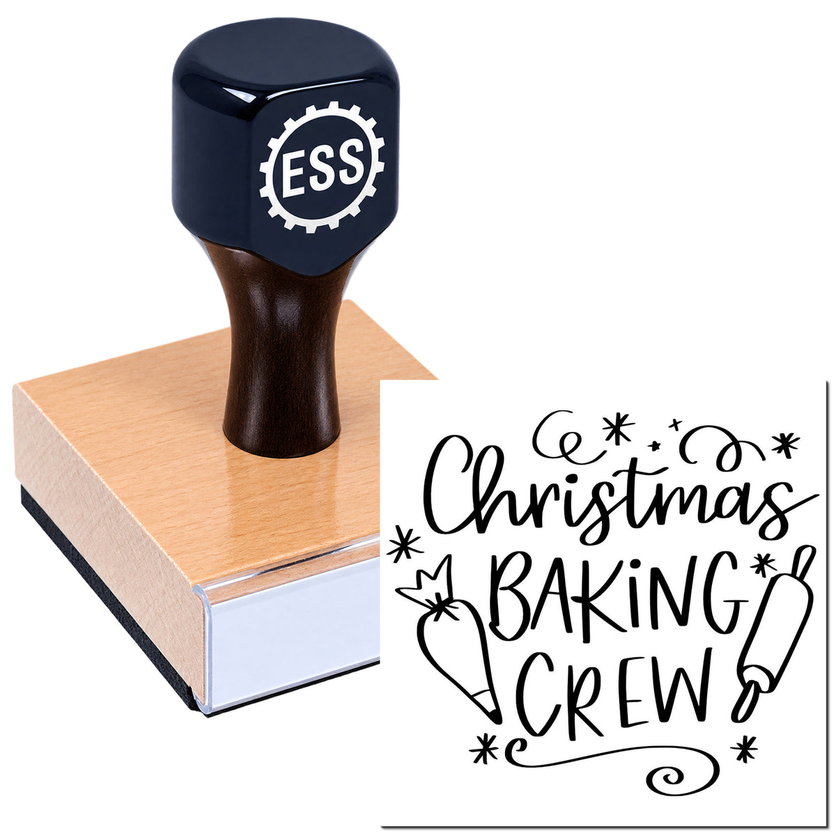 Dark navy rubber stamp seal on wooden block, printed with ESS gear logo and Christmas Baking Crew design.