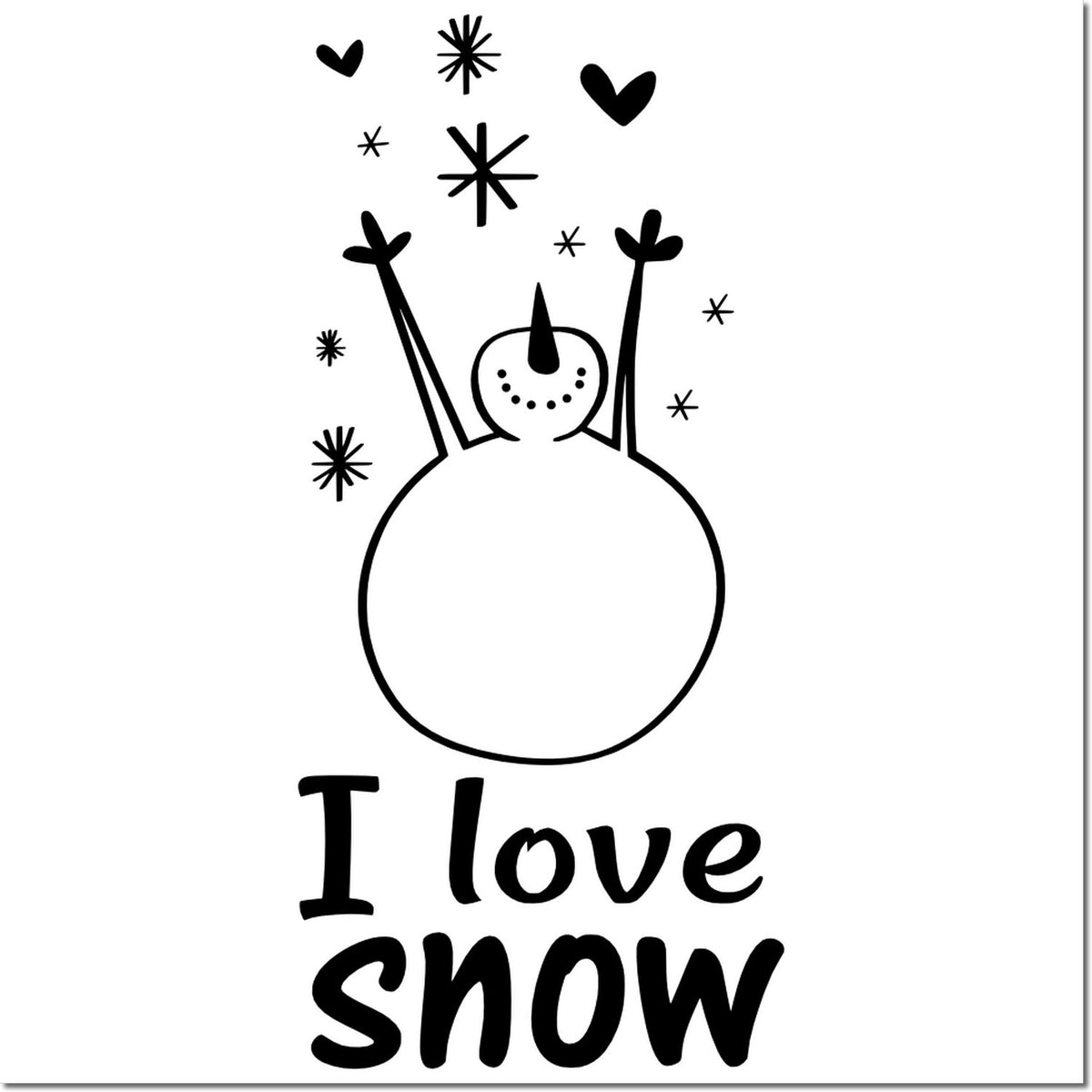 Black snowman stamp seal with stars and hearts, bold I love snow text, on a white background.