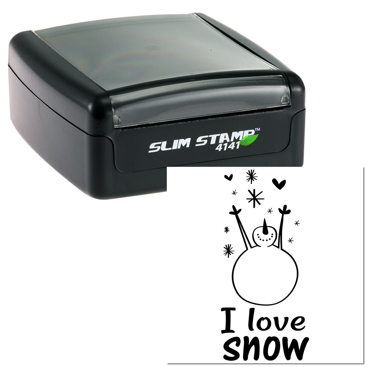 Black self-inking Slim Stamp 4141 seal with gray top and I love snow snowman design in black.
