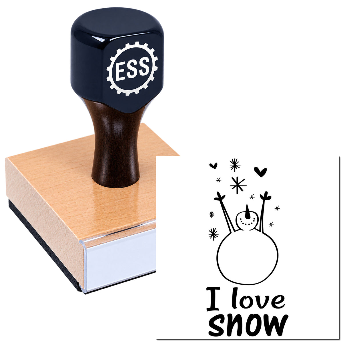 Black ESS rubber stamp on a pink wood block, with a black "I love snow" snowman seal design on white.
