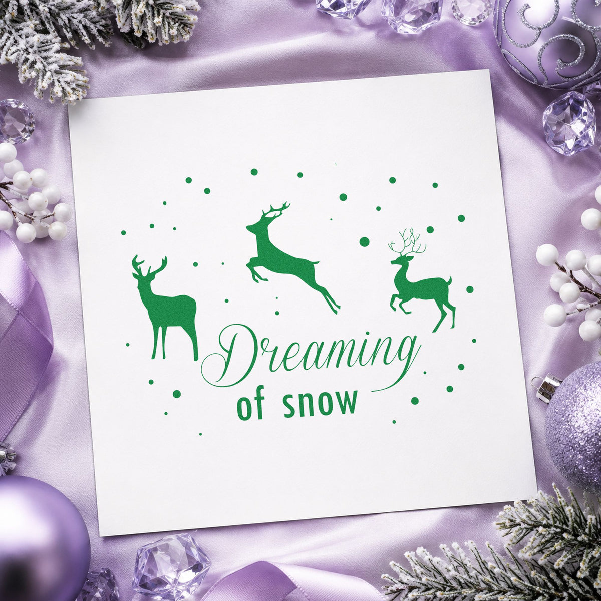 Dreaming Of Snow Reindeer craft stamp imprint in green ink on a handmade project, one idea being nature diary pages.