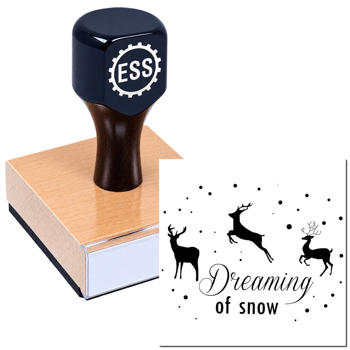 Black ESS stamp and seal on wooden base, showing a deer-themed "Dreaming of snow" imprint.