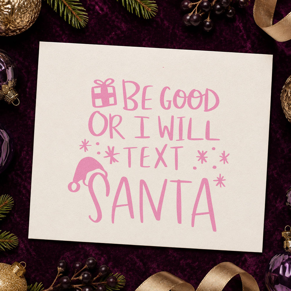 Be Good Text Santa craft stamp in purple ink on cardstock, an easy option for behavior chart tags.