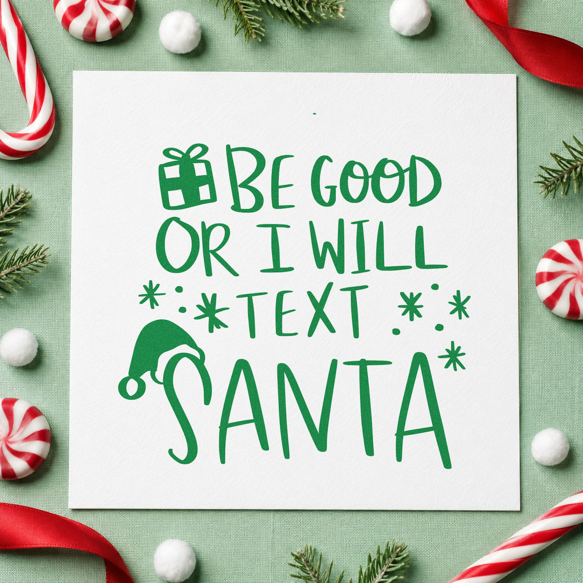 Be Good Text Santa craft stamp imprint in green ink on a handmade project, one idea being countdown grid pages.