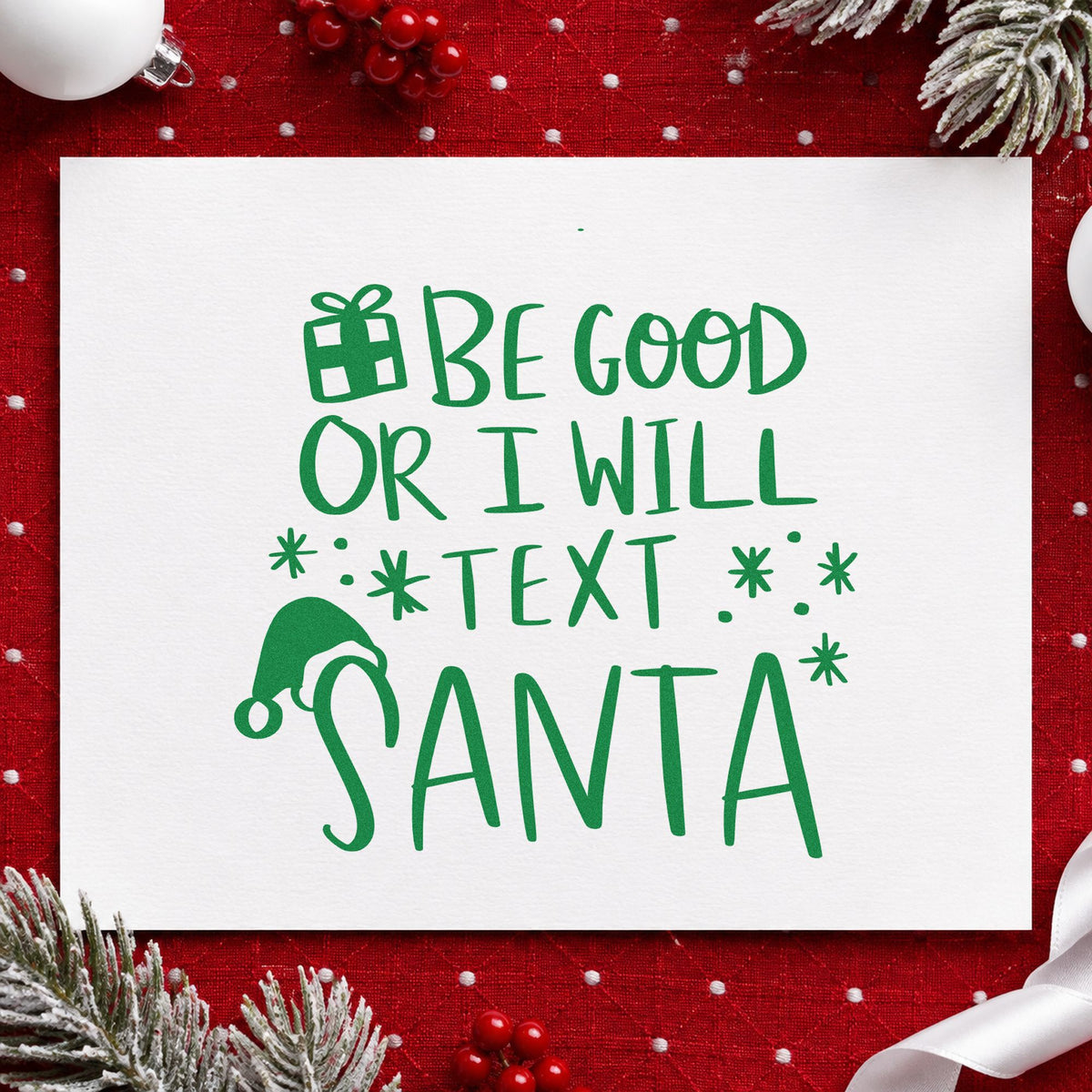 Be Good Text Santa craft stamp imprint in green ink on a handmade project, one idea being framed fridge chart.