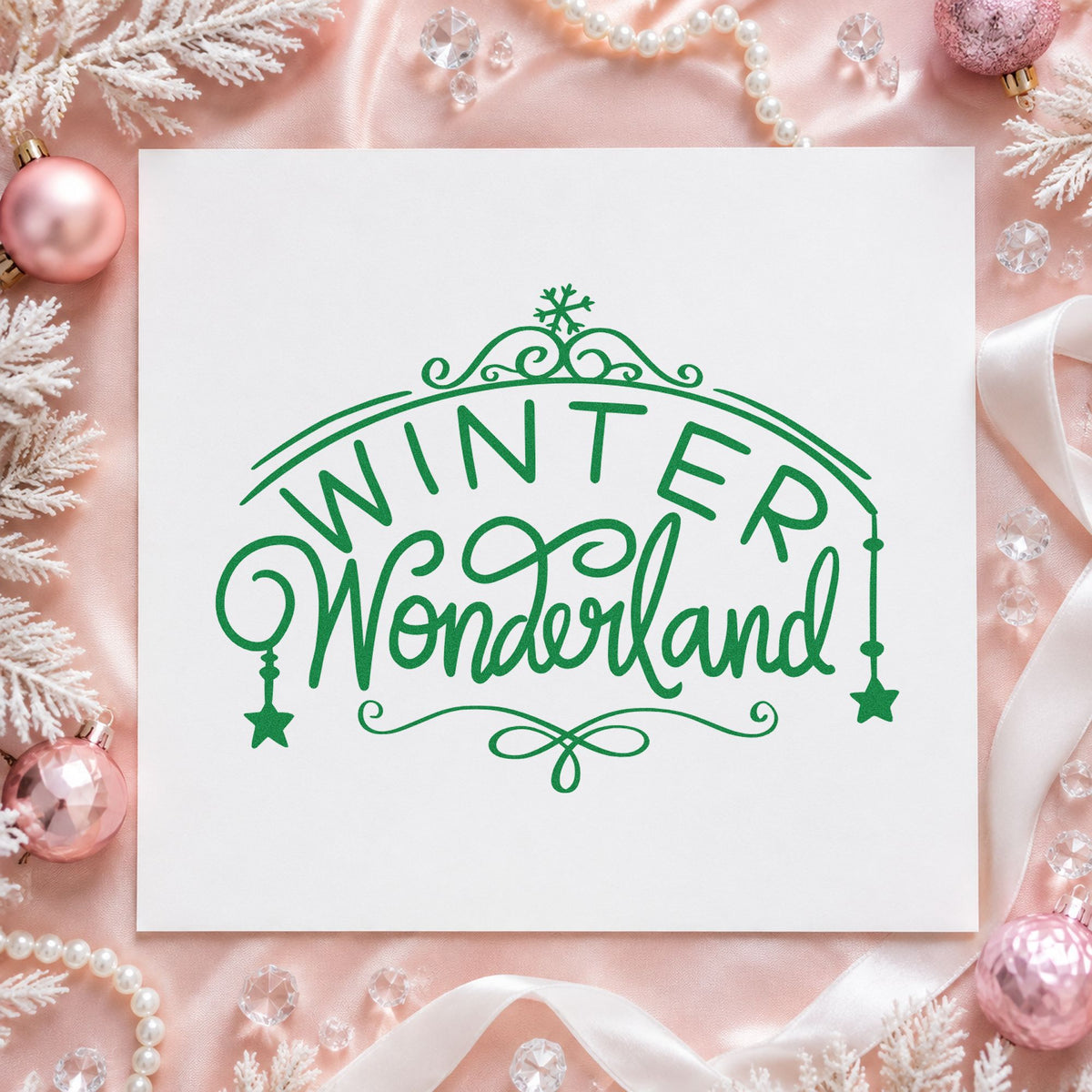 Winter Wonderland Ornate Arch craft stamp imprint in green ink on a handmade project, one idea being ticket sheet pages.