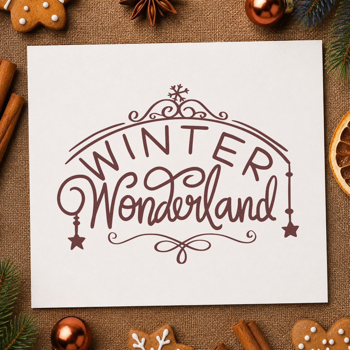 Winter Wonderland Ornate Arch rubber stamp printed in brown ink, ready for prop crate labels and similar paper crafts.