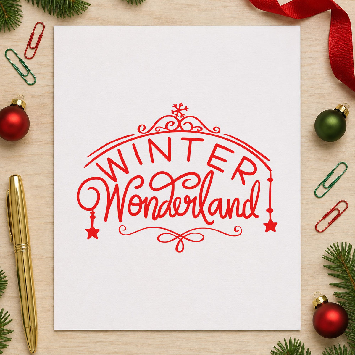 Winter Wonderland Ornate Arch craft stamp in red ink on cardstock, an easy option for backdrop cloth panels.