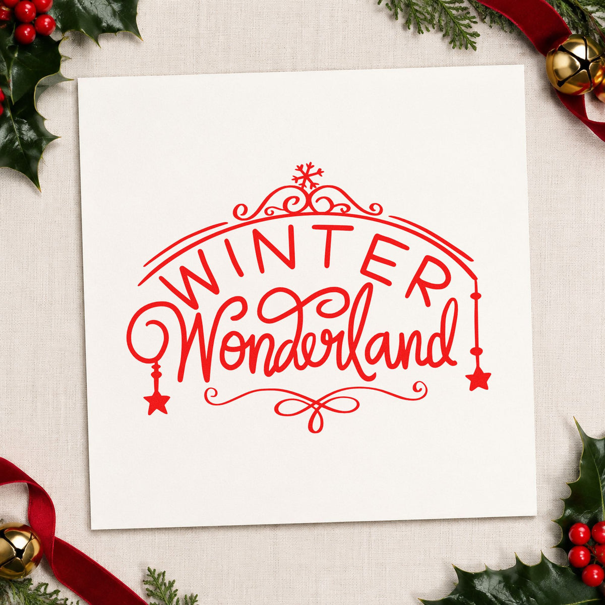 Winter Wonderland Ornate Arch rubber stamp shown in red ink, stamped for projects such as opening night notes.