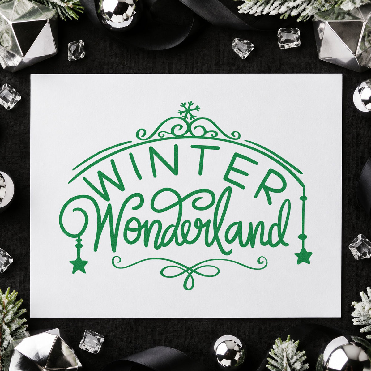 Winter Wonderland Ornate Arch craft stamp imprint in green ink on a handmade project, one idea being framed grotto arch.