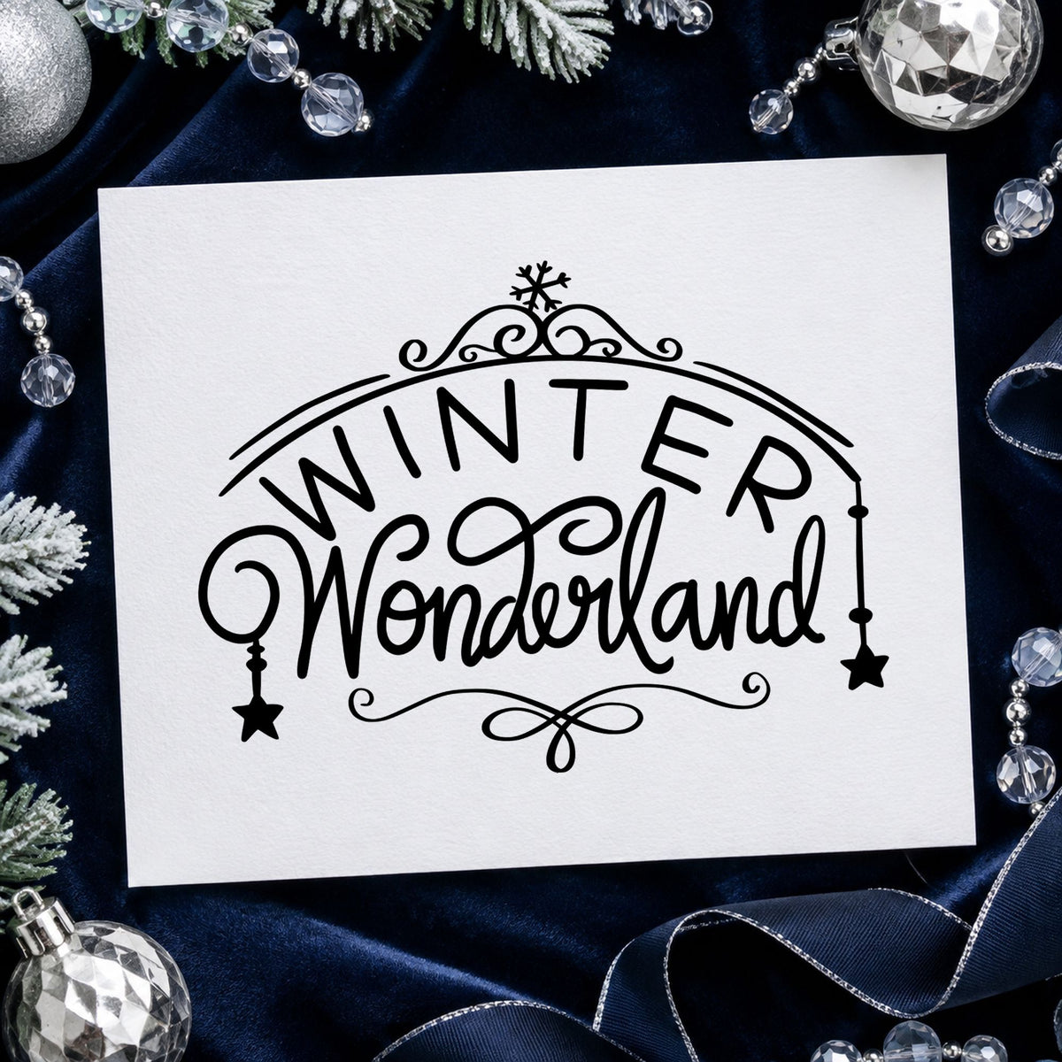 Winter Wonderland Ornate Arch rubber stamp printed in black ink, ready for hanging stars cards and similar paper crafts.