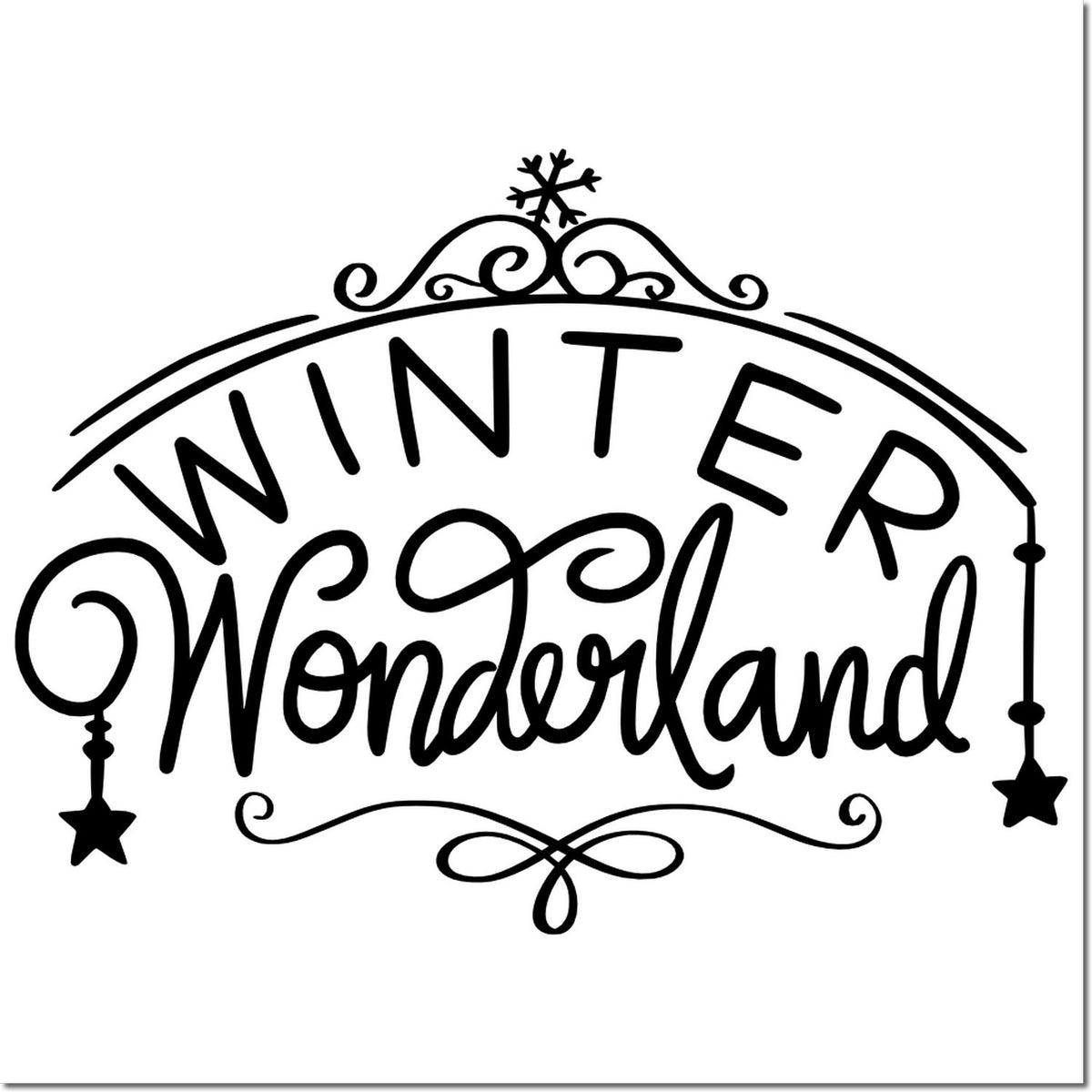 Black decorative Winter Wonderland stamp and seal design with snowflake, stars, and swirling accents.