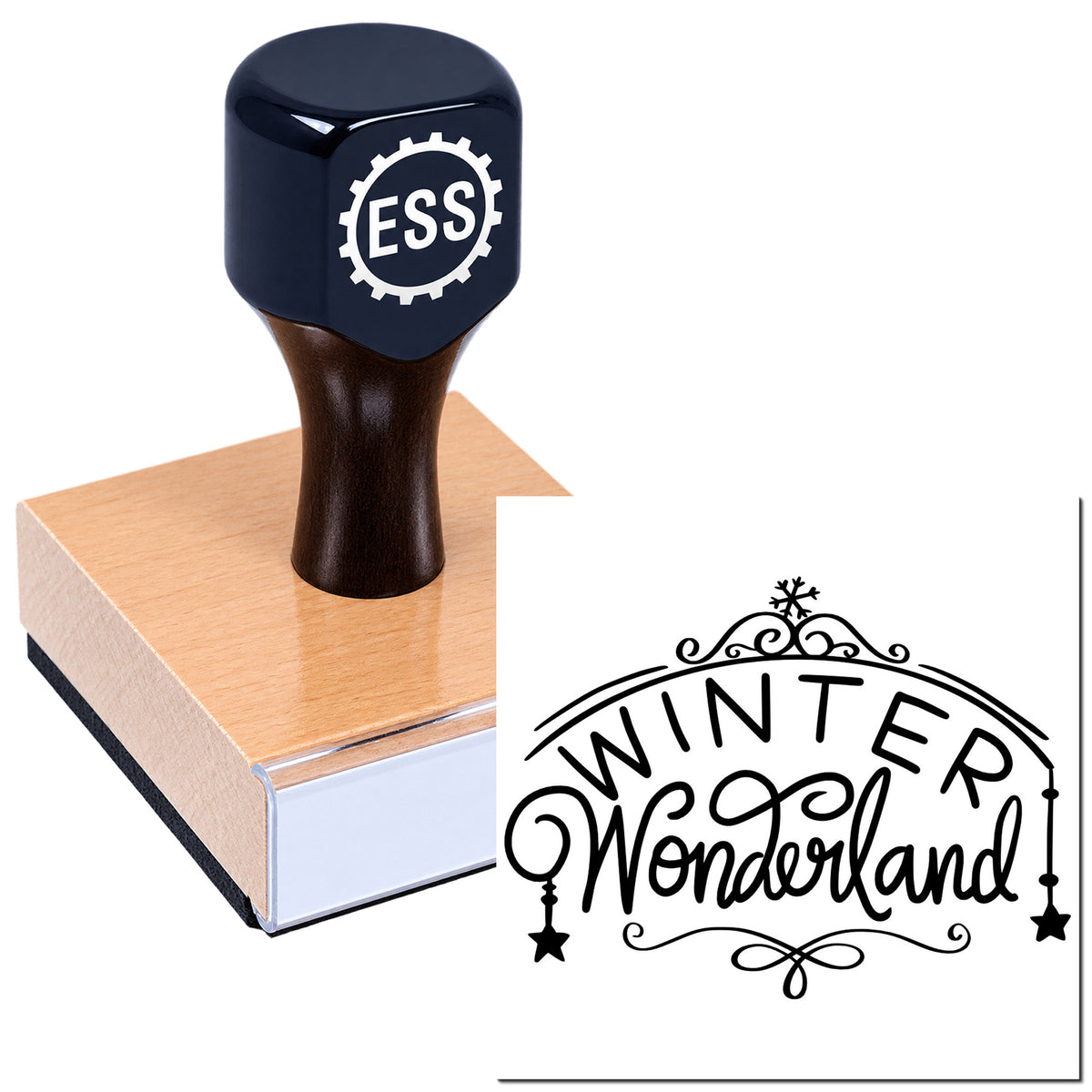 Dark navy ESS rubber stamp on a pink wooden block, with black Winter Wonderland seal design on white.