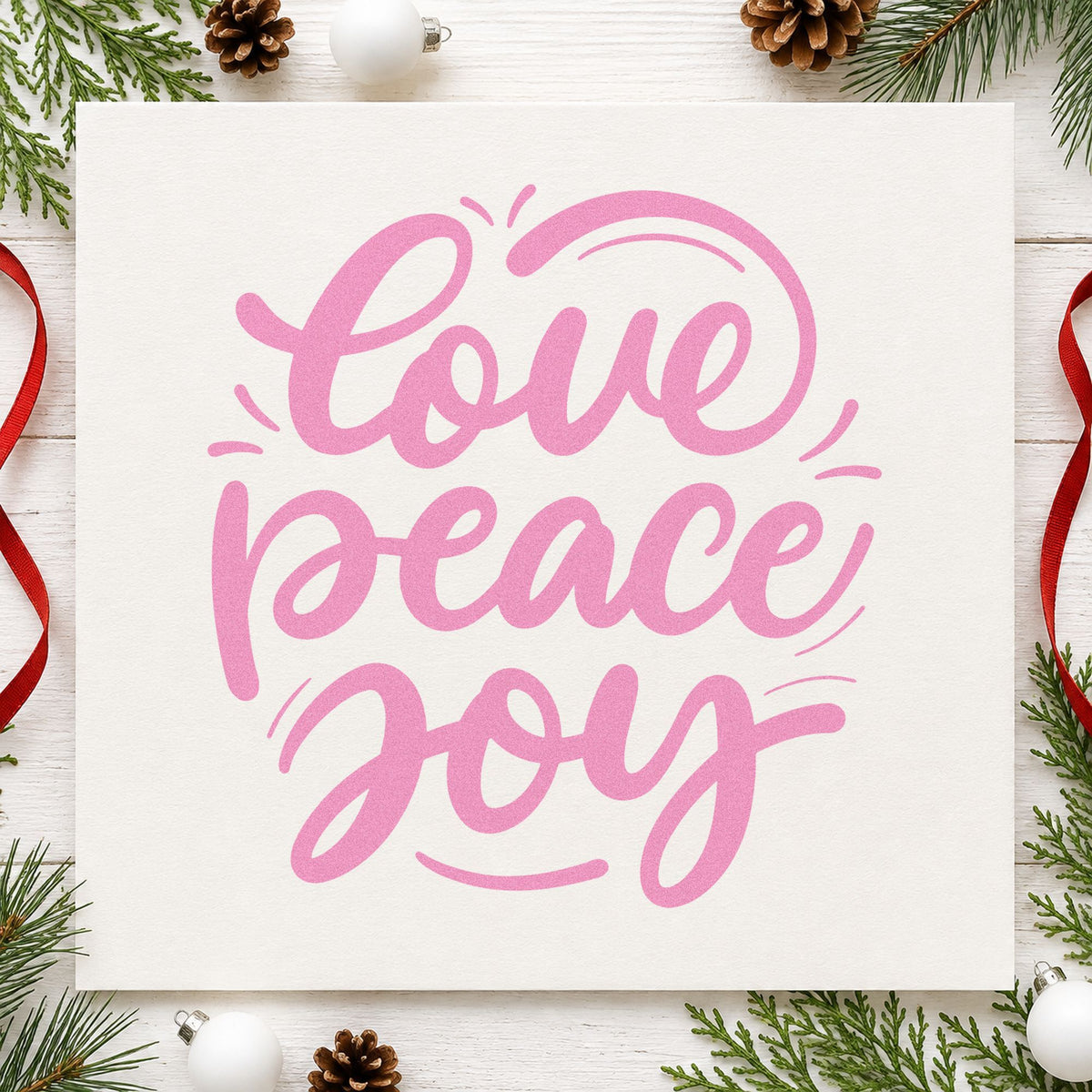 Love Peace Joy Script craft stamp in purple ink on cardstock, an easy option for advent week tags.